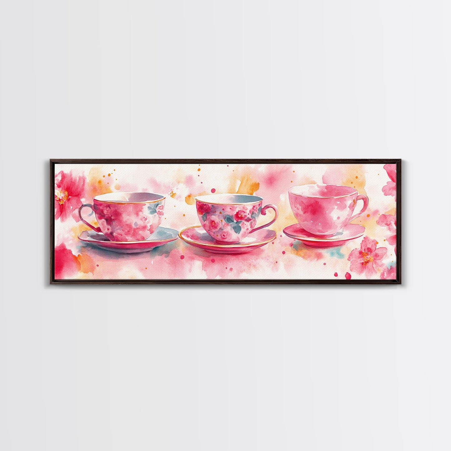 Pink Teacup Canvas Print Feminine Whimsical Kitchen Art Horizontal Pink Artwork Vintage Rustic Wall Art Living Room Framed Art