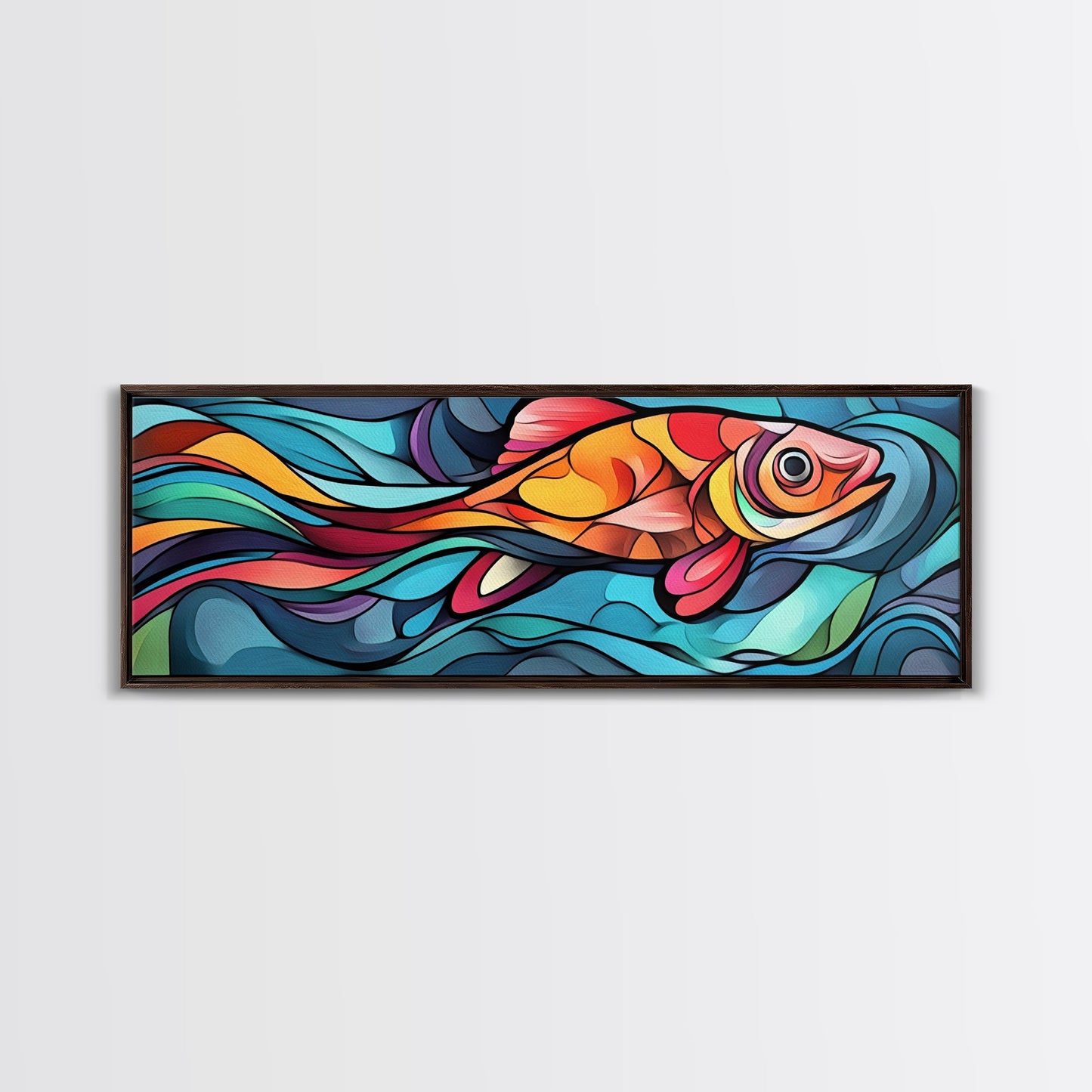 Abstract Goldfish Flow Framed Canvas Print, Whimsical Wall Art, Colorful Art, Teal Painting, Gift Idea, Skinny Wall Art, Bedroom Decor