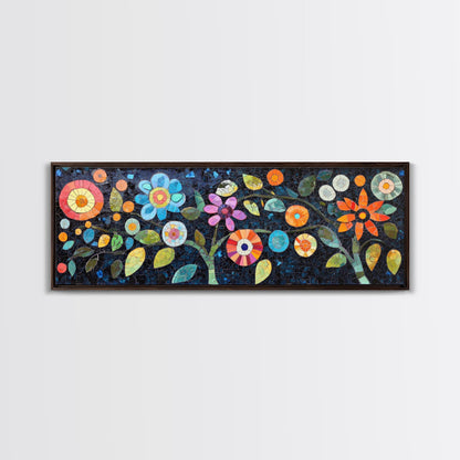 Mosaic Wall Art Wildflower Painting Framed Canvas Print, Botanical Print Horizontal Artwork, Whimsical Art Piece Above Sofa Decor