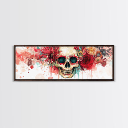 Vibrant Skull Art Framed Canvas Print, Dark Angels Wall Art with Floral Design, Skull and Rose Painting, Gothic Floral Home Decor, Boho Wall Art