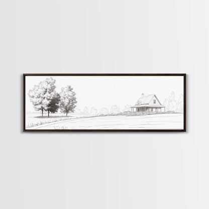 Rustic Farmhouse Framed Canvas Print, Black and White Landscape Art, Above Sofa Wall Art Minimalist Living Room Country Decor