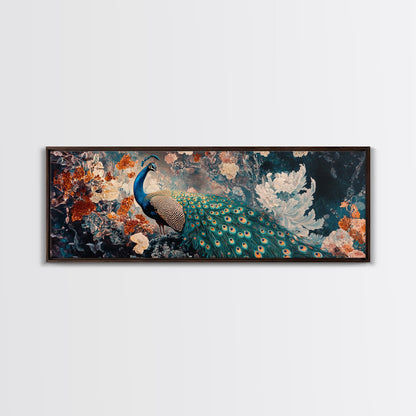 Vibrant Peacock Framed Canvas Print Mosaic Wall Art Boho Style Rustic Decor Above Sofa Art Living Room Statement Piece