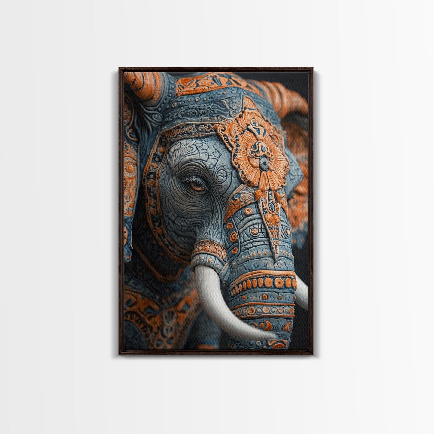 Detailed Elephant Face Framed Canvas Print – Kerala Mural Art, Sacred Geometry Decor, Ganesh Wall Art Rustic Boho Inspired Room Decor