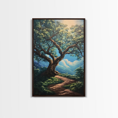 Majestic Oak Tree Framed Canvas Print – Oak Tree Art, Rustic Landscape Painting, Above Sofa Wall Art, Wabi Sabi Living Room Decor
