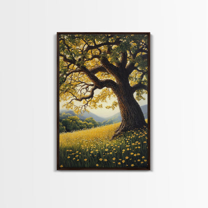 Vibrant Meadow Tree Canvas Print Rustic Wall Art Wildflower Landscape Painting Living Room Artwork Above Sofa Art Fall Decor