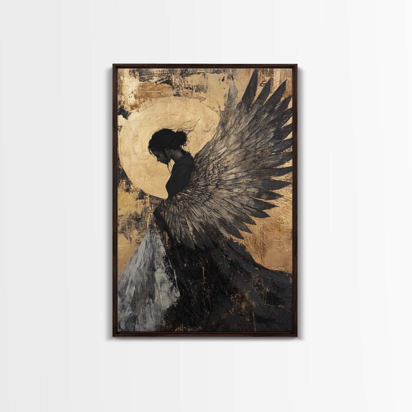 Golden Angel Wings Framed Canvas Print Dark Angel Wall Art Moody Gothic Artwork Gold Abstract Print Rustic Wall Decor Gift Idea