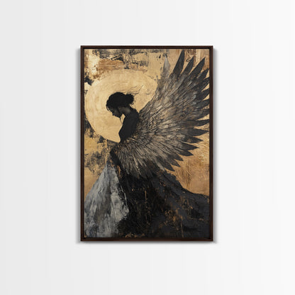 Golden Angel Wings Framed Canvas Print Dark Angel Wall Art Moody Gothic Artwork Gold Abstract Print Rustic Wall Decor Gift Idea