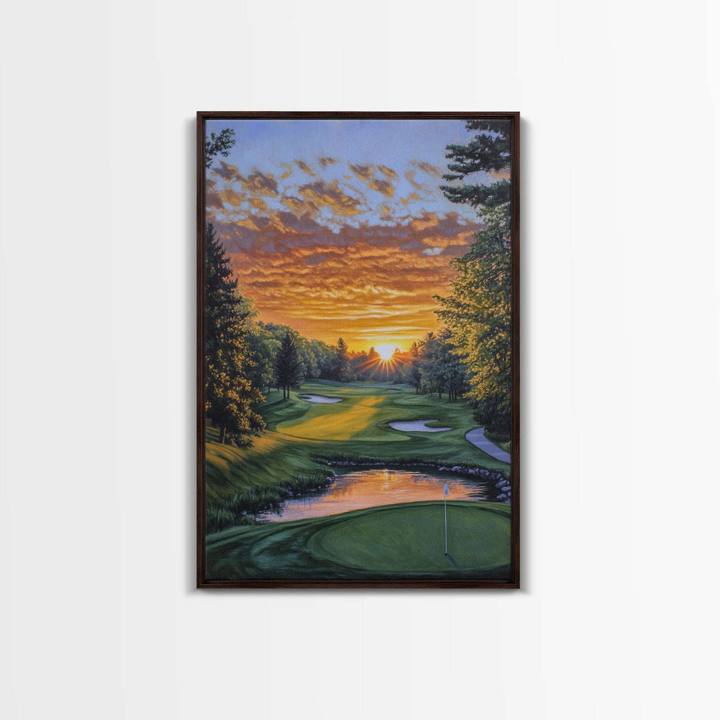 Scenic Golf Sunset Framed Canvas Print, Landscape Painting, Bedroom Wall Art, Rustic Decor, Horizontal Living Room Art
