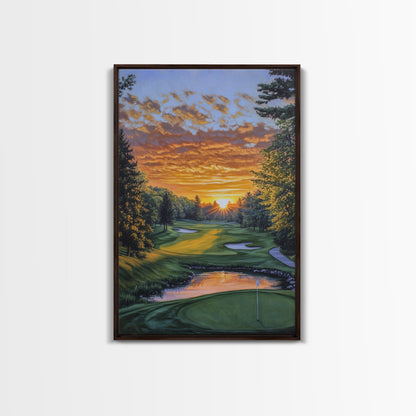 Scenic Golf Sunset Framed Canvas Print, Landscape Painting, Bedroom Wall Art, Rustic Decor, Horizontal Living Room Art