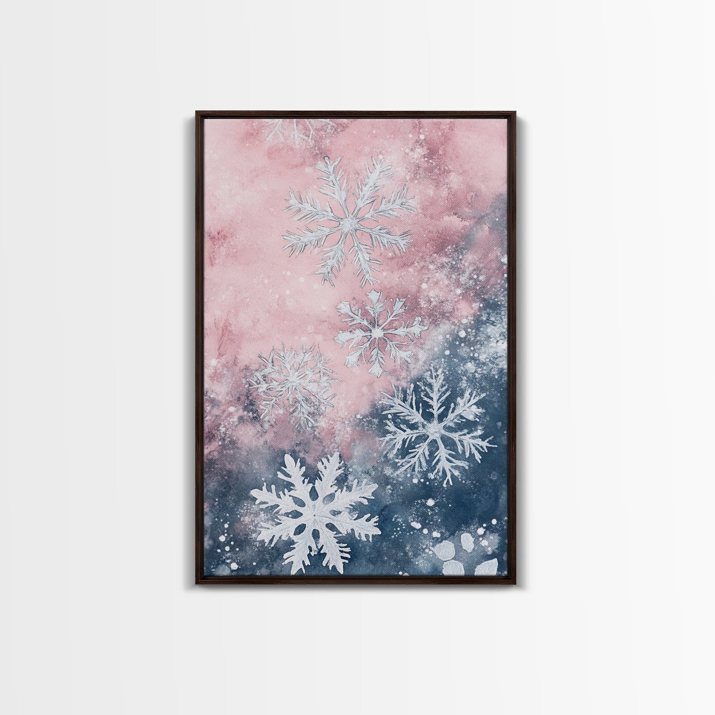 Snowflake Winter Light Pink Wall Art Framed Canvas Print | Wabi Sabi Minimalist Christmas Art | Cozy Holiday Living Room Decor