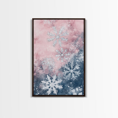Snowflake Winter Light Pink Wall Art Framed Canvas Print | Wabi Sabi Minimalist Christmas Art | Cozy Holiday Living Room Decor