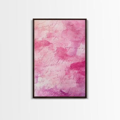 Calligraphy Pink Abstract Framed Canvas Print, Light Pink Wall Art, Romantic Handwriting Aesthetic, Minimalist Art Bedroom or Office Decor