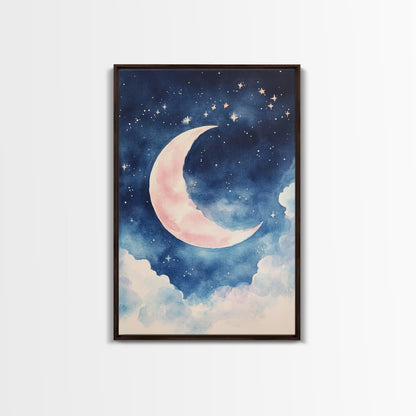 Crescent Moon Painting Canvas Print Bedroom Art Moody Night Sky Painting Above Bed Wall Art Whimsical Art Gift Idea Light Decor