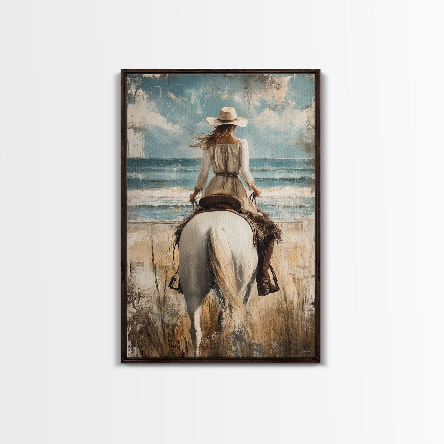 Rustic Horseback Beach Scene Canvas Print Coastal Cowgirl Wall Art Rustic Decor Western Art Nautical Decor Bedroom Living Room Accent
