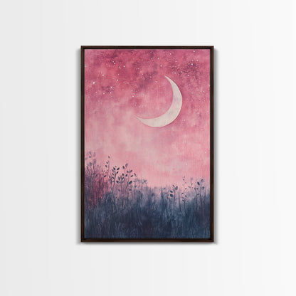 Crescent moon painting on framed canvas print, moody art, pink abstract art, cherry blossom painting, vertical wall art decor