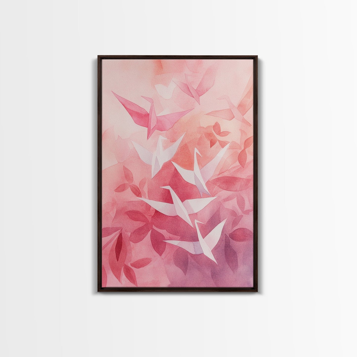Origami Crane Painting Framed Canvas Print Whimsical Wall Art Light Pink Room Decor Minimalist Art Cherry Blossom Inspired Gift Idea
