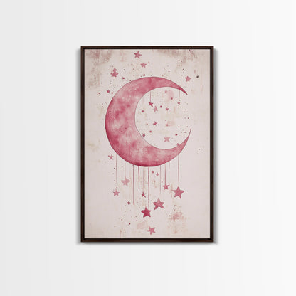 Crescent Moon and Stars Framed Canvas Print Mystical Boho Art Zen Wall Art Light Pink Wall Art Bedroom Art Dreamy Night Sky Decor