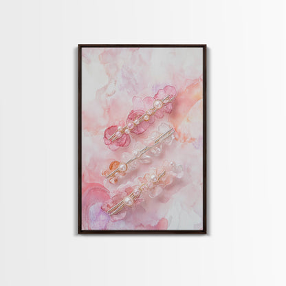 Elegant Floral Hair Accessories Canvas Print, Whimsical Art, Feminine Wall Art, Pink Abstract Art, Light Pink Wall Art, Bedroom Decor