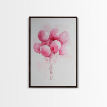 Pink Abstract Balloon Bouquet Framed Canvas Print, Whimsical Party Wall Art Light Pink Decor, Ideal Rustic Bedroom Aesthetic