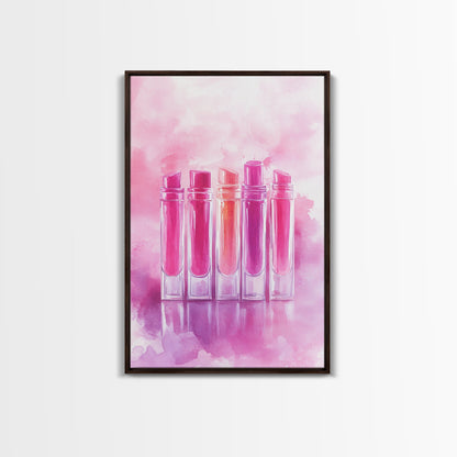 Vibrant lipstick art bold feminine wall decor framed canvas print perfect bedroom or guest room boho aesthetic rustic glam style gift