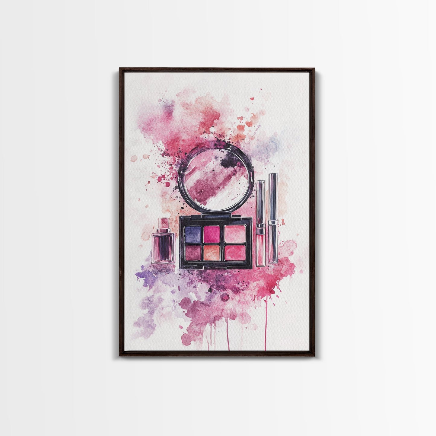 Makeup palette splash art vibrant beauty decor framed canvas print modern girly aesthetic perfect gift idea unique pink abstract art piece