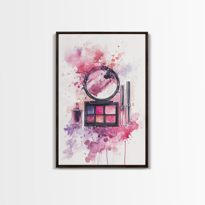 Makeup palette splash art vibrant beauty decor framed canvas print modern girly aesthetic perfect gift idea unique pink abstract art piece