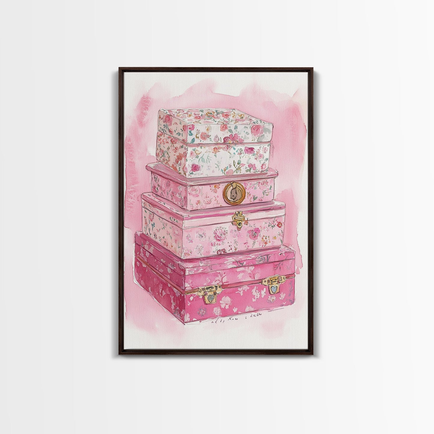 Floral stackable decorative boxes framed canvas print chic boho decor whimsical rustic art idea cozy wall decor charming bedroom addition
