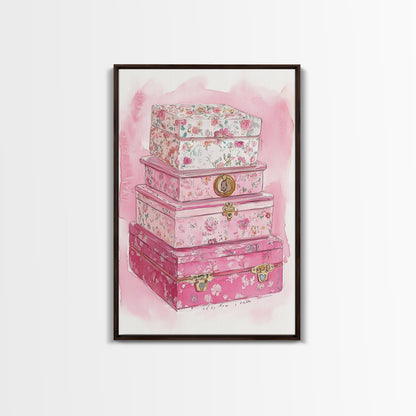 Floral stackable decorative boxes framed canvas print chic boho decor whimsical rustic art idea cozy wall decor charming bedroom addition