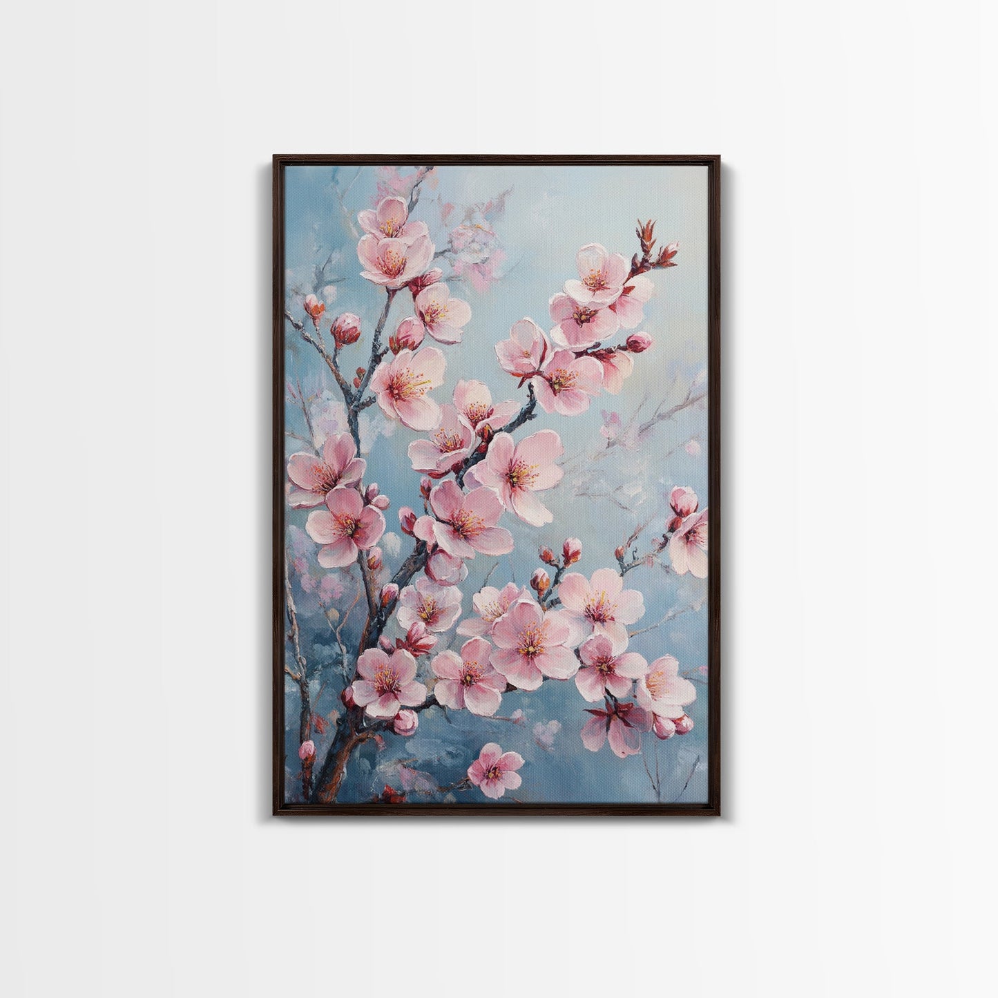 Cherry Blossom Painting Framed Canvas Print | Japanese Sakura Wall Art | Light Pink Wall Art Above Sofa Decor | Floral Nature Print