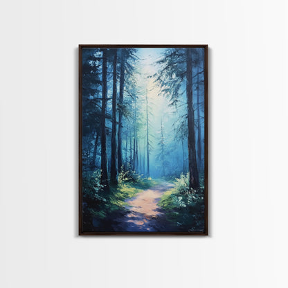Enchanting Forest Canvas Print, Moody Blue Landscape Painting with Pine Tree Art, Above Sofa Rustic Wall Artwork
