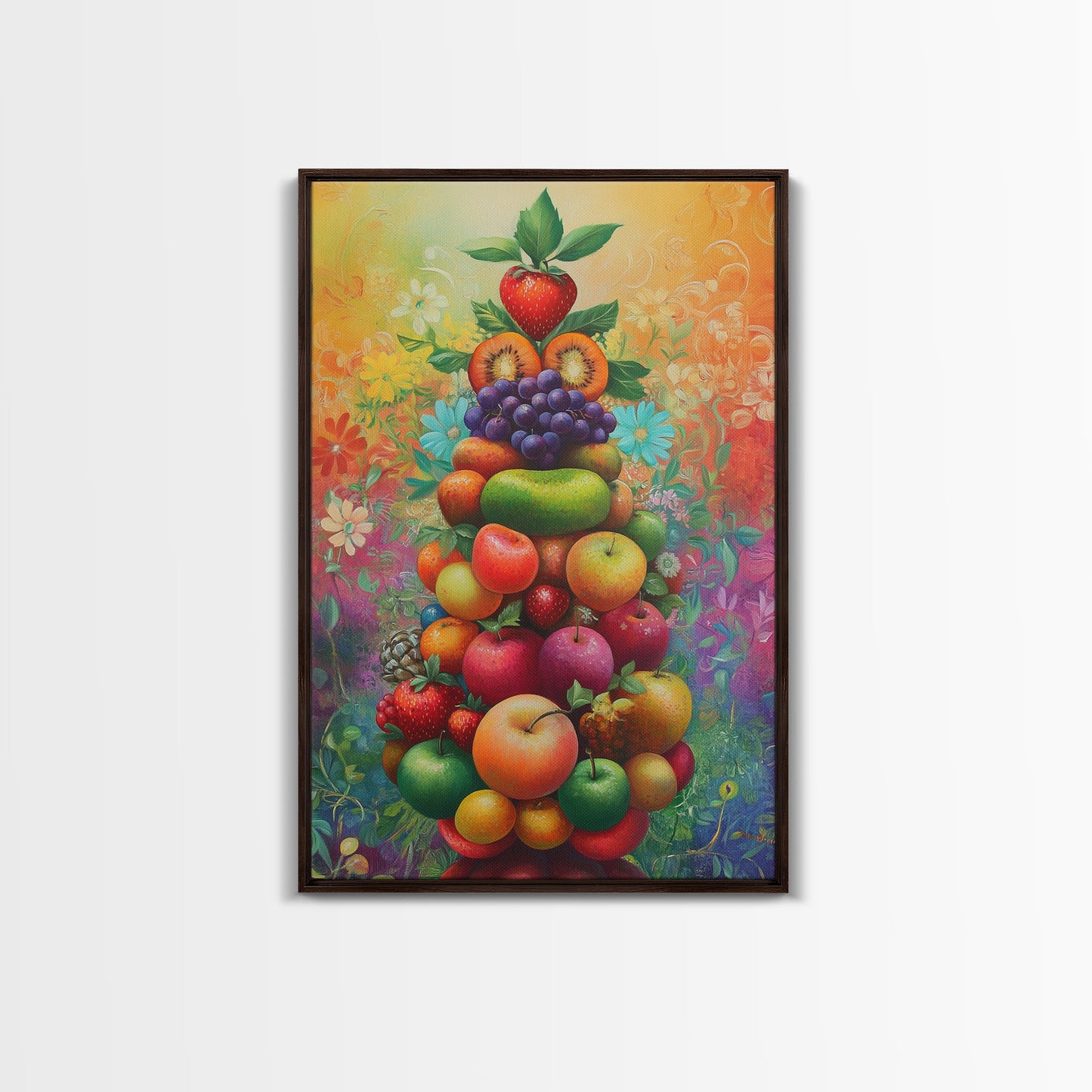 Fruit Pyramid Canvas Print with Whimsical Still Life Art, Vibrant Food Review Wall Art, Rustic Farmhouse Decor for Kitchen or Dining Area