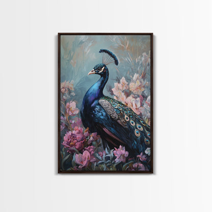 Graceful Peacock Floral Framed Canvas Print | Botanical Bird Art | Chinoiserie Wall Decor | Elegant Tropical Painting | Home Accent