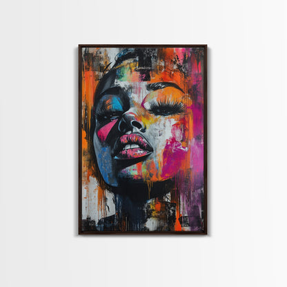 Vibrant Abstract Face Framed Canvas Print, Moody Woman Wall Art, Boho Living Room Decor, Gift Idea for Her, Unique Rustic Art