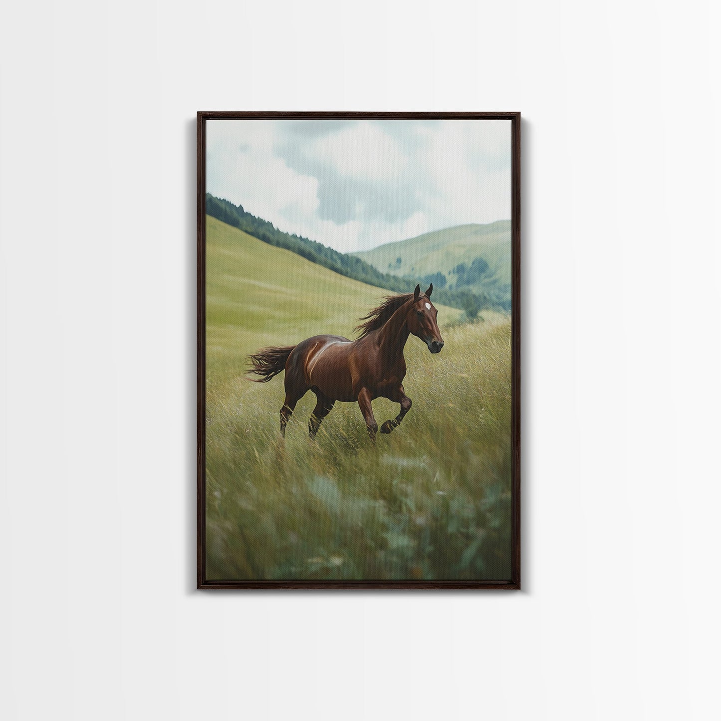 Galloping Brown Stallion Framed Canvas Print Horse Wall Art Rustic Decor Living Room Above Couch Wabi Sabi Style