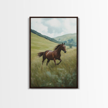 Galloping Brown Stallion Framed Canvas Print Horse Wall Art Rustic Decor Living Room Above Couch Wabi Sabi Style