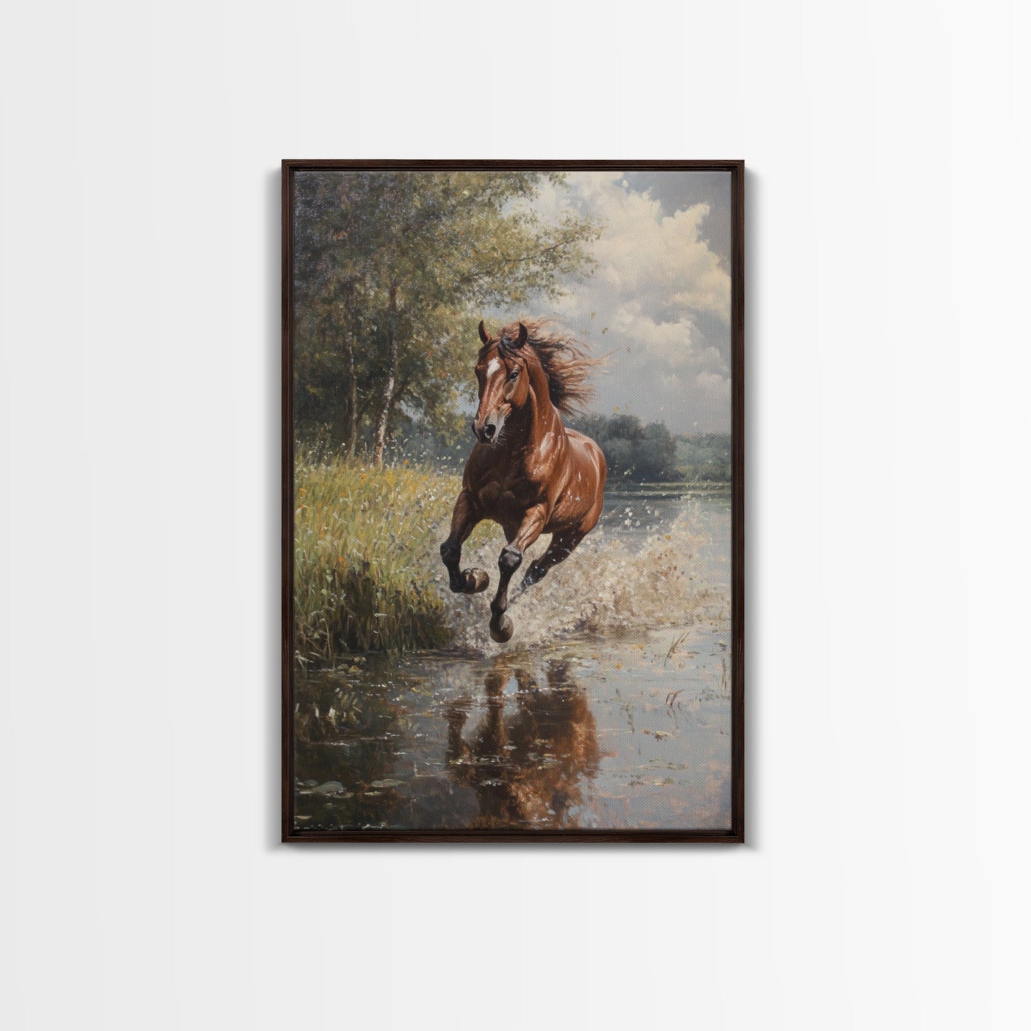 Splashed Stallion Crossing Water Framed Canvas Print Vintage Horse Art Rustic Wall Art Living Room Gift Idea Boho Style