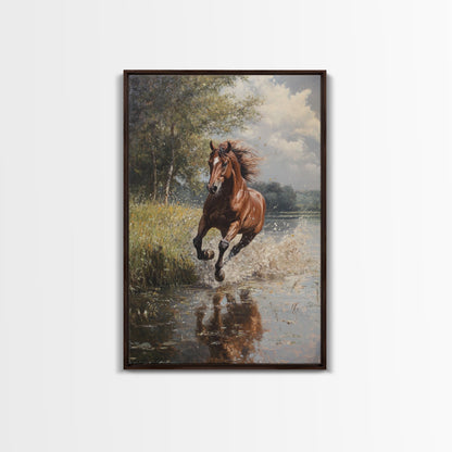 Splashed Stallion Crossing Water Framed Canvas Print Vintage Horse Art Rustic Wall Art Living Room Gift Idea Boho Style