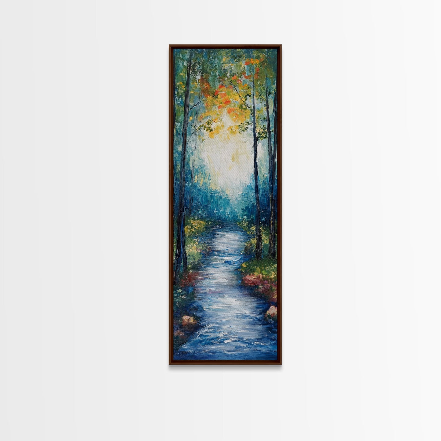 Autumn Forest Path, forest at dusk painting, birch tree painting, moody art, landscape painting, vertical wall art, Canvas Print