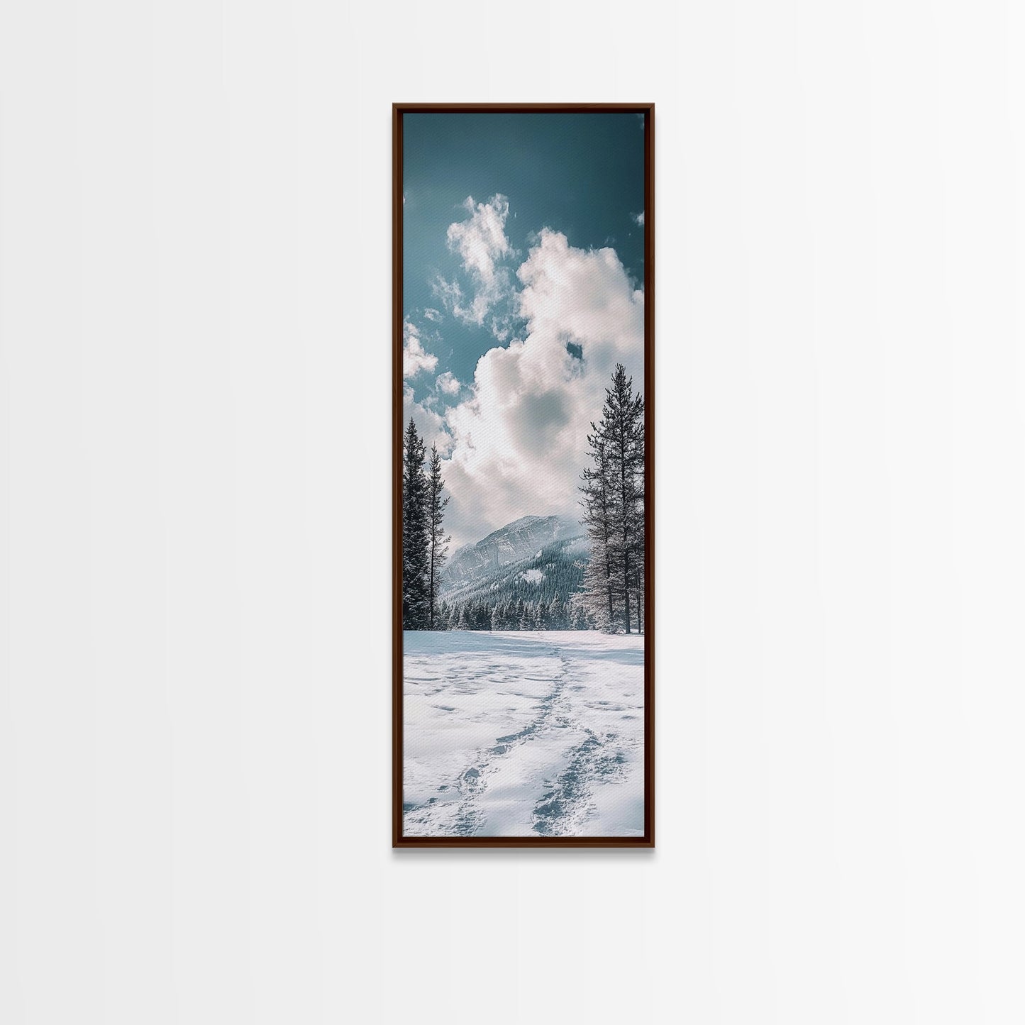 Winter Path, pine tree art, mountain painting, snowy landscape, rustic decor, minimalist art, Framed Canvas Print, vertical wall art