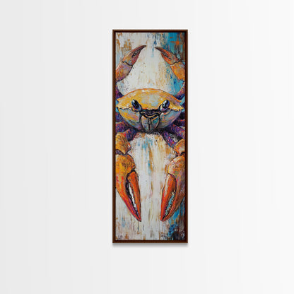 Colorful crab, coastal cowgirl wall art, crayfish painting, nautical wall art, framed canvas print, tall skinny art, rustic décor