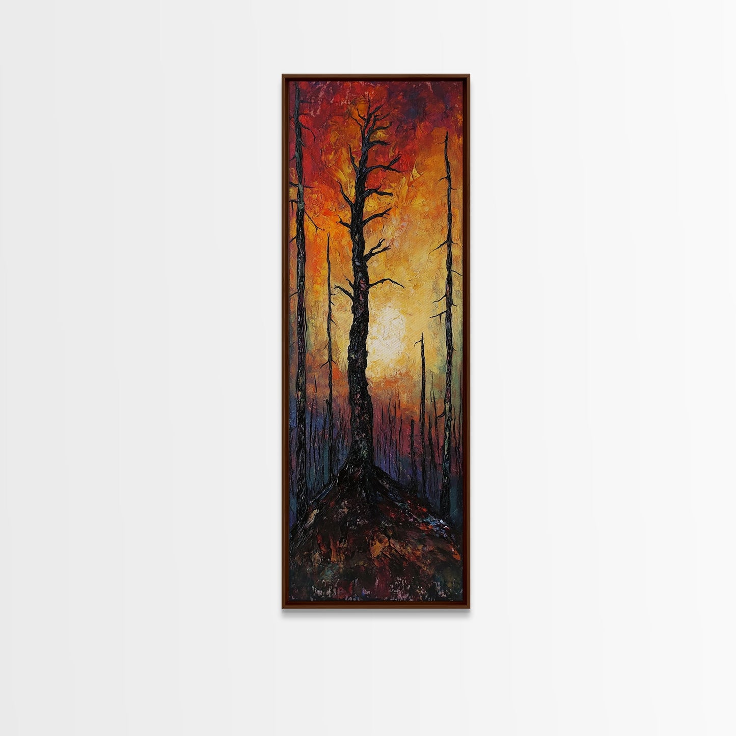 Burnt forest, pine tree art, moody wall art, forest at dusk painting, dark romance painting, autumn art, framed canvas print
