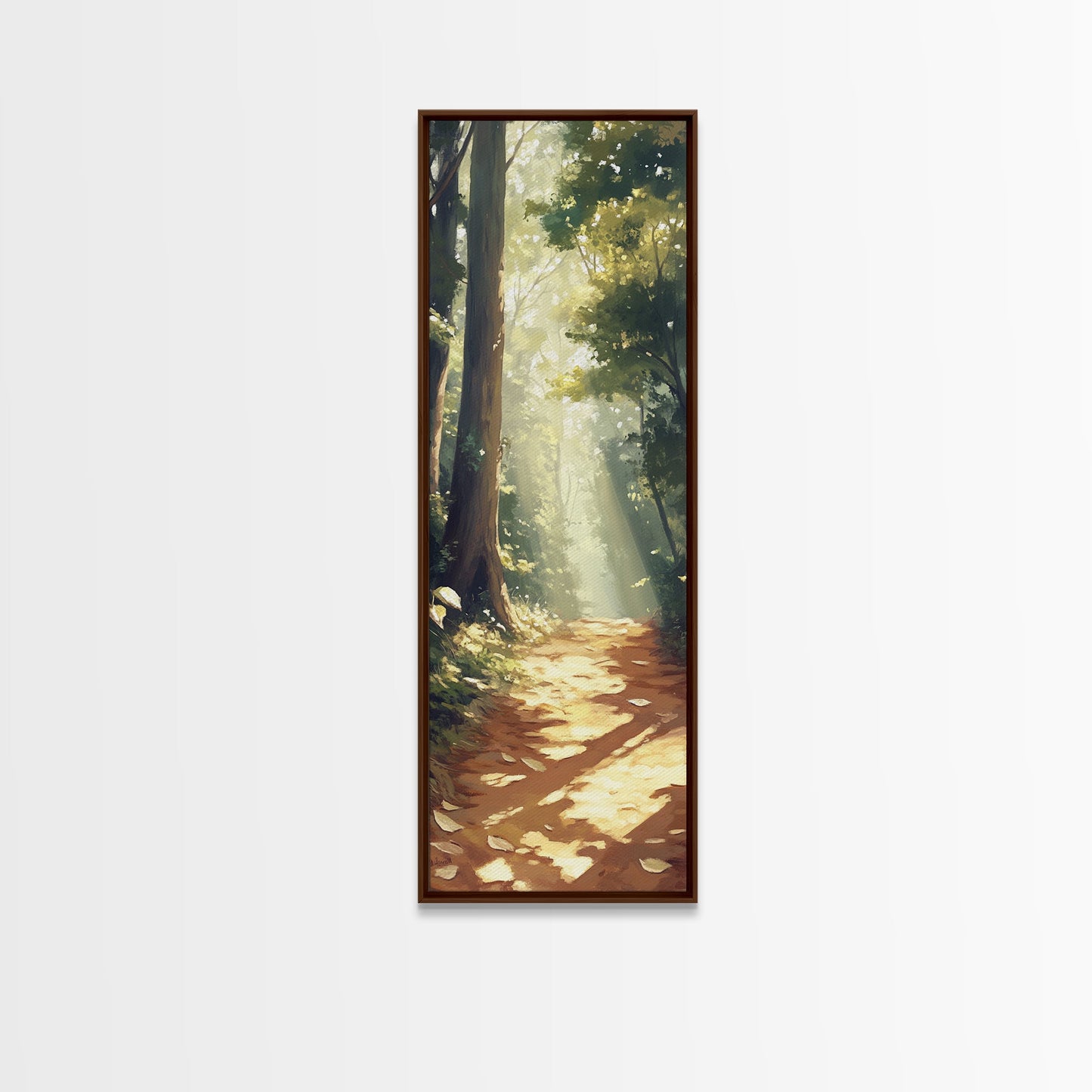 Forest Path, Sunlit Trees, Woodland Art, Framed Canvas Print, Landscape Painting, Tall Narrow Art, Rustic Décor