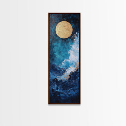 Golden Moon, crashing waves, nautical painting, moody art, coastal wall art, wabi sabi art, framed canvas print, ocean painting