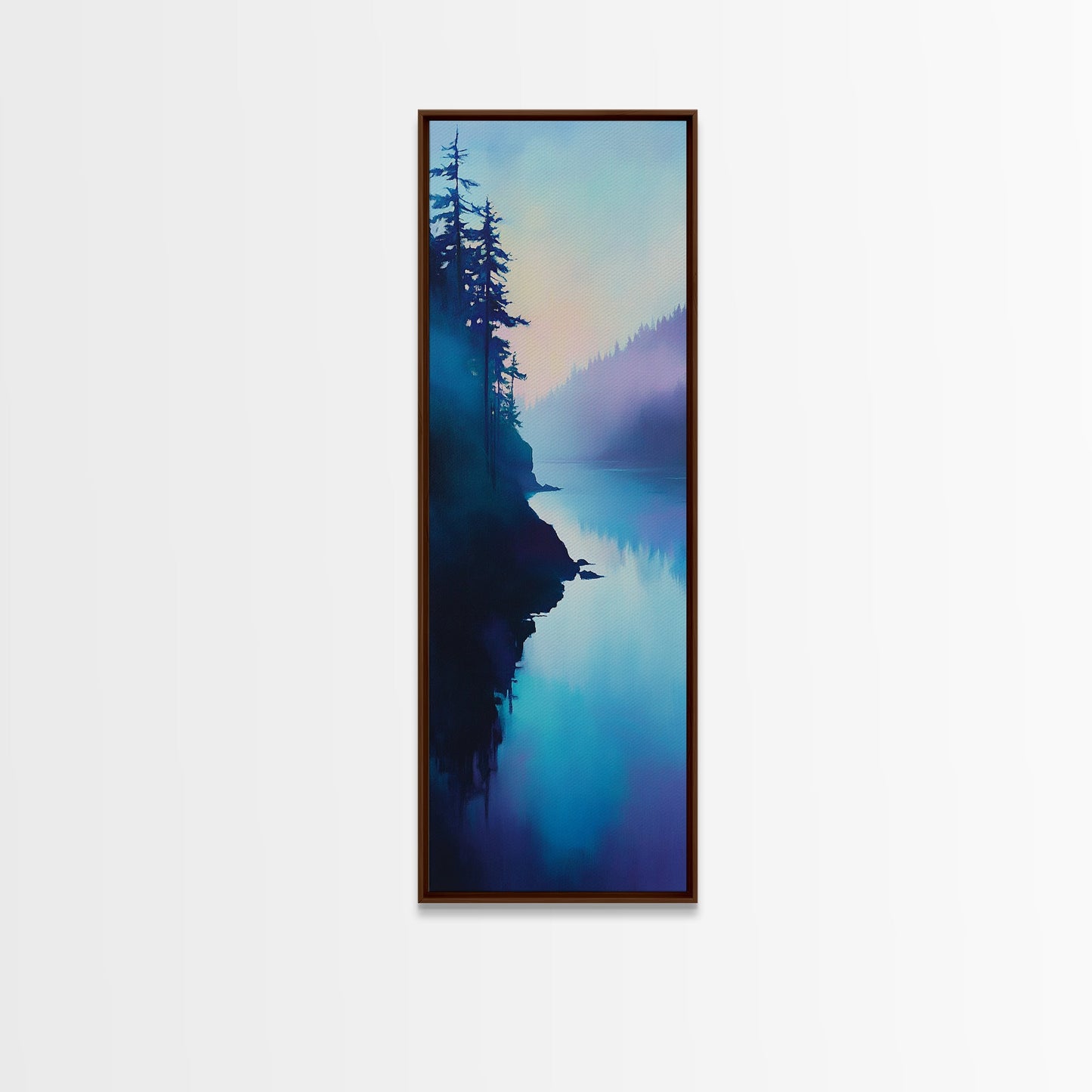 Misty Lake, forest at dusk painting, blue and green wall art, moody art, vertical wall art, pine tree art, framed canvas print