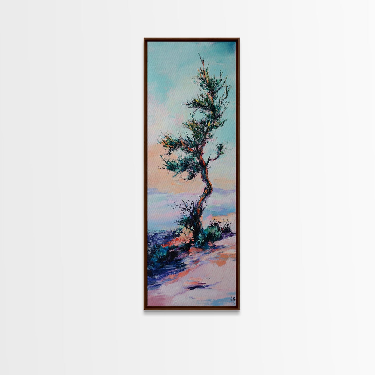 Windblown Tree, Joshua tree art, southwest wall art, rustic decor, landscape painting, framed canvas print, tall skinny art