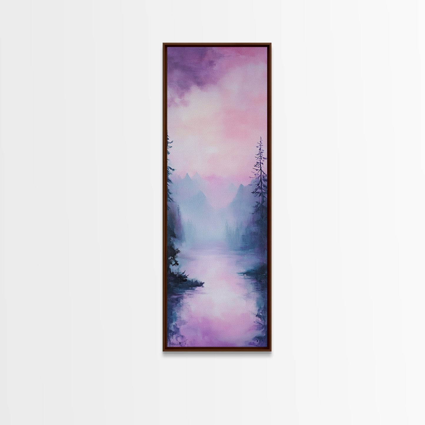 Misty Mountains, smoky mountain art, light pink wall art, framed canvas print, soft pastel art, pine tree art, above couch art