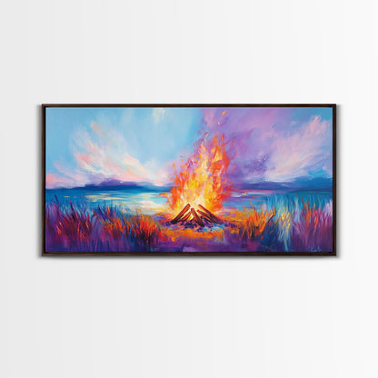 Lagerfeuer bei Sonnenuntergang, Küstenmotiv, Wandbild in Rosa und Orange, Extra breites Bild, Horizontales Wandbild, Gerahmter Leinwanddruck, Stimmungsvolle Kunst