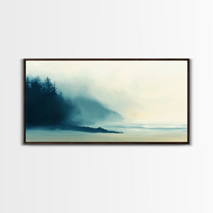 Nebelwald, Smoky-Mountain-Kunst, Kiefernkunst, stimmungsvolle Kunst, Wabi-Sabi-Wandkunst, grüne Wandkunst, Schlafzimmerkunst, gerahmter Leinwanddruck