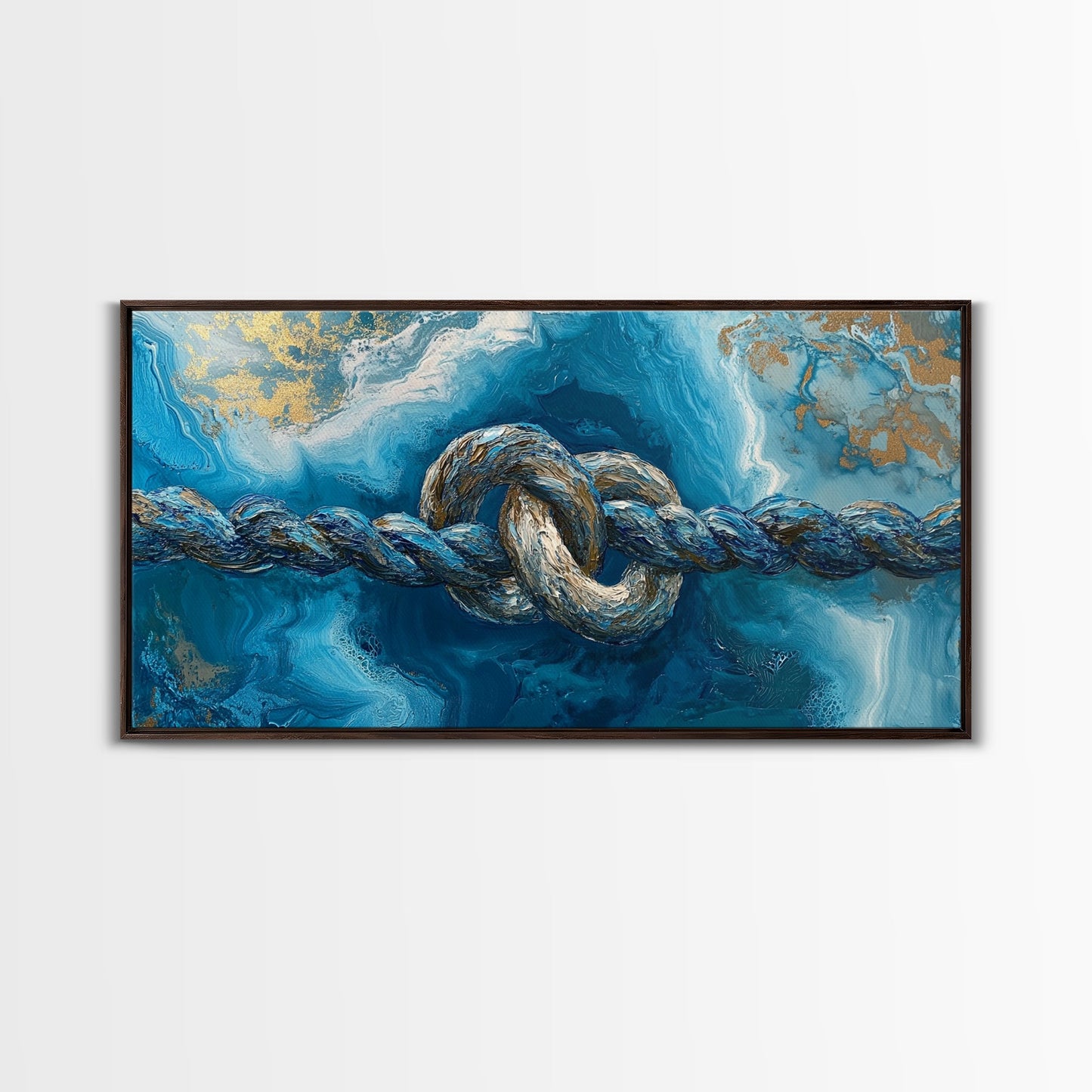 Ozeanseil, maritime Dekoration, blau-goldene Wandkunst, Küstenmalerei, Seestückmalerei, horizontale Wandkunst, gerahmter Leinwanddruck