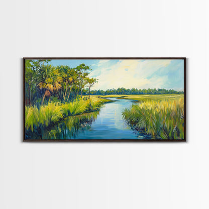 Marschlandschaft-Motiv, Palmenbild, tropische Landschaft, Küstendekor, grüne Wandkunst, rustikale Wandkunst, gerahmter Leinwanddruck